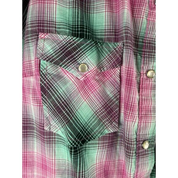Wrangler Shirt Women L Pink Green Flannel Pearl Snap Western Cowgirl Rodeo Ranch - Picture 3 of 12